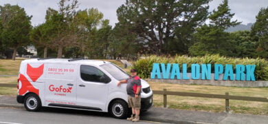Plumbing Services in Hutt Valley with GoFox Plumbing van parked at Avalon Park, featuring local plumber Willem beside the vehicle