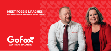 Reliable Plumber & Electrician in South Waikato Robbie and Rachel from GoFox Electrical & Plumbing South Waikato featured on red branded banner