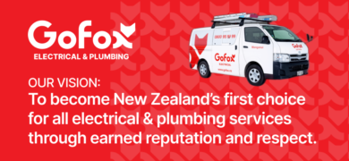 Banner image for buying a franchise showing a GoFox Electrical & Plumbing van on a red patterned background with the GoFox vision statement about becoming New Zealand’s first choice for electrical and plumbing services.
