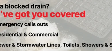 Drain Cleaning Tips banner showing overflowing blocked drain with text promoting GoFox emergency call outs for residential and commercial sewer, stormwater, toilets, showers, and sinks
