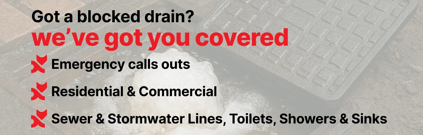 Drain Cleaning Tips banner showing overflowing blocked drain with text promoting GoFox emergency call outs for residential and commercial sewer, stormwater, toilets, showers, and sinks