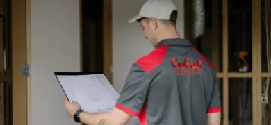 Electrical and Plumbing Business Systems shown in use as a GoFox technician reviews plans inside a framed construction site