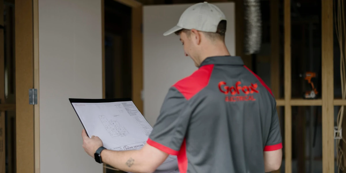 Electrical and Plumbing Business Systems shown in use as a GoFox technician reviews plans inside a framed construction site