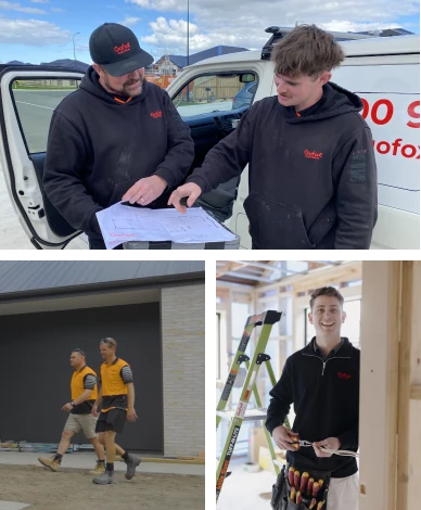 collage of GoFox and electricians and plumbers on various sites