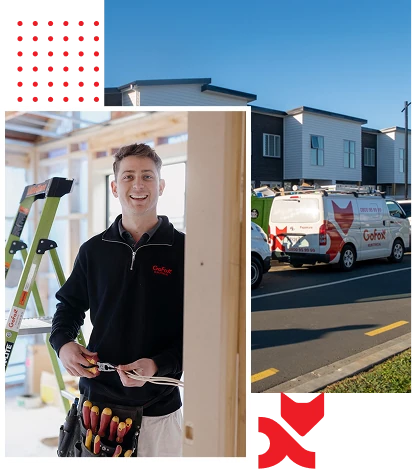 Collage with GoFox electrician on new build and vehicles in front of town house build.