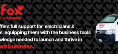 Join GoFox banner showing a branded GoFox Electrical & Plumbing van alongside text promoting full business support for electricians and plumbers.
