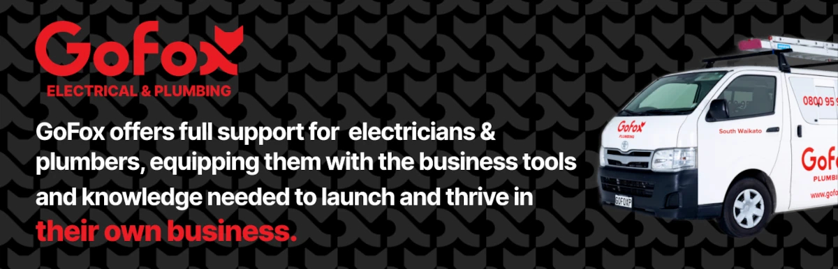 Join GoFox banner showing a branded GoFox Electrical & Plumbing van alongside text promoting full business support for electricians and plumbers.