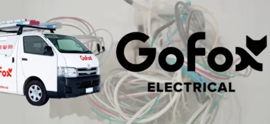 Home Electrical Repairs featuring a branded GoFox Electrical service van alongside exposed household wiring, representing professional residential electrical services in New Zealand.