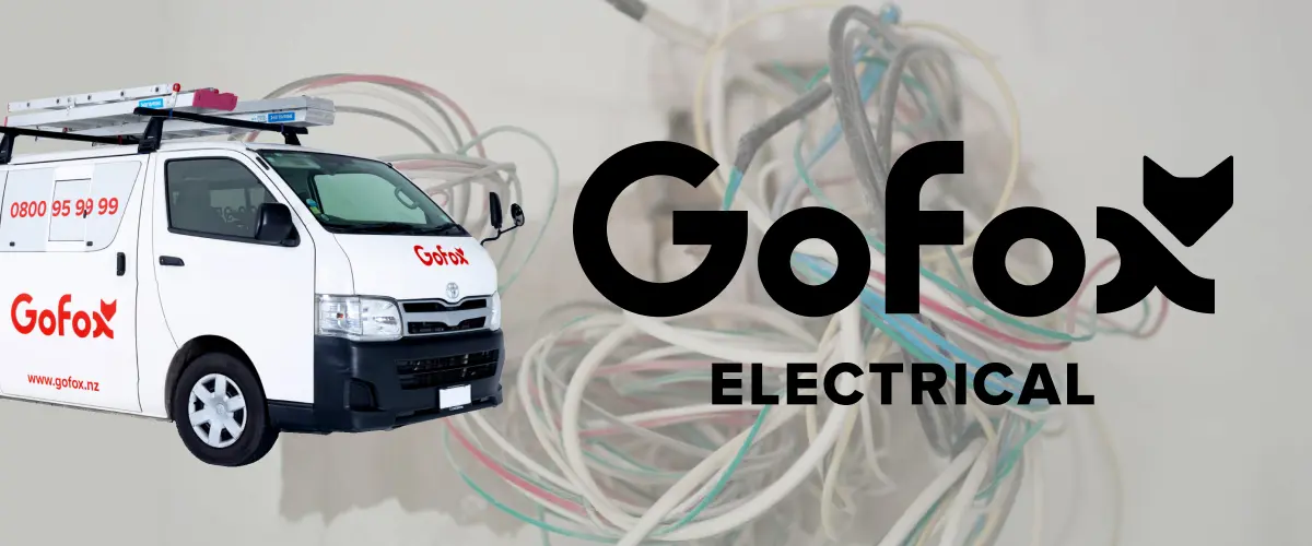 Home Electrical Repairs featuring a branded GoFox Electrical service van alongside exposed household wiring, representing professional residential electrical services in New Zealand.