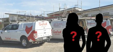 GoFox franchise banner showing GoFox Electrical vehicles on a building site with two silhouette figures representing future franchise owners