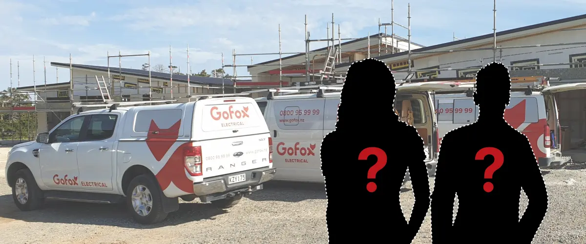 GoFox franchise banner showing GoFox Electrical vehicles on a building site with two silhouette figures representing future franchise owners
