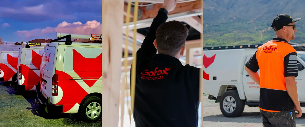 Electrical and Plumbing Franchise showing a professional electrician and plumber on-site, representing locally owned trade businesses backed by the GoFox network in New Zealand.