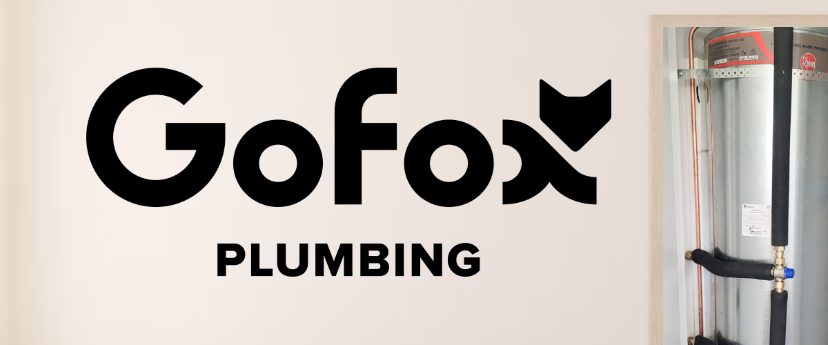 Hot water cylinder problems inspection by GoFox Plumbing, showing a household hot water cylinder tank beside the GoFox Plumbing logo.