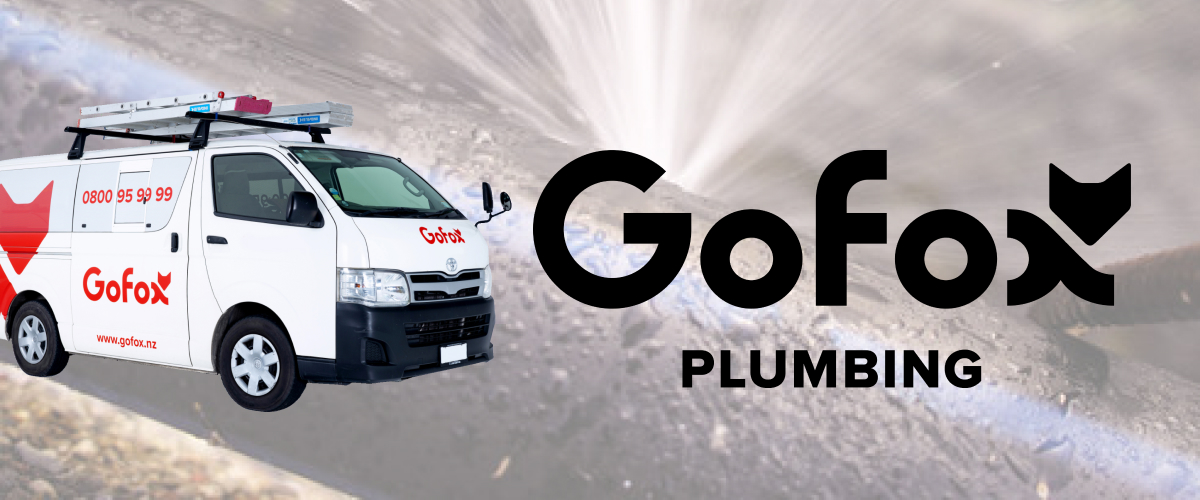 Burst pipe plumbing emergency repair by GoFox Plumbing, showing a GoFox service van beside water spraying from a damaged pipe.