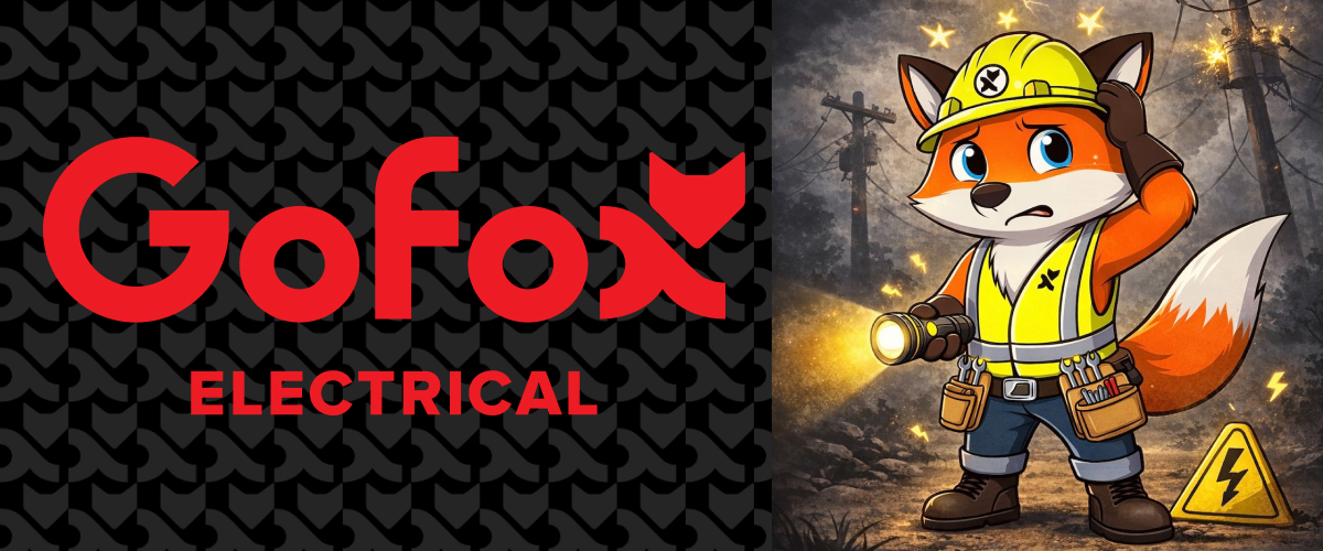 Emergency electrician NZ: GoFox Electrical branded banner featuring the GoFox mascot in a hi-vis vest and hard hat, holding a torch at a live electrical fault scene with a hazard warning sign.