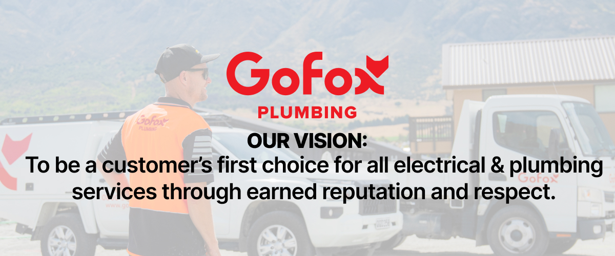 Trusted local plumber GoFox Plumbing team member standing beside branded service vehicles with mountain backdrop, representing locally owned plumbing services across New Zealand.