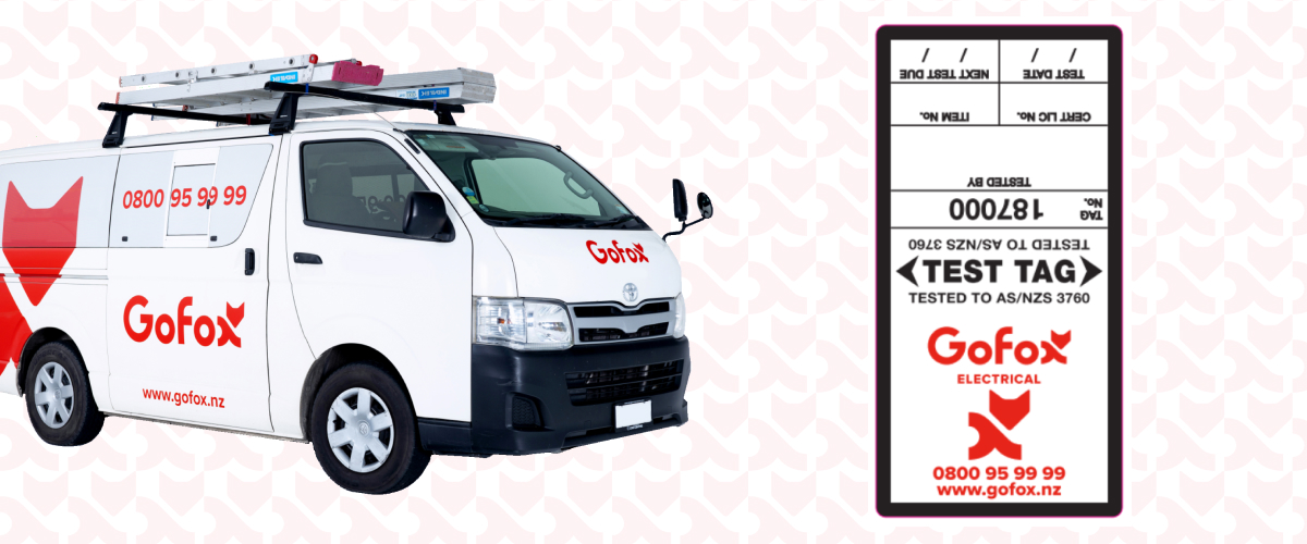 Test and tag NZ service shown with a GoFox Electrical branded van and a completed AS/NZS 3760 test tag label displaying GoFox Electrical branding and contact details.