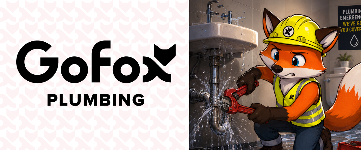 After hours plumber GoFox mascot in hi-vis vest and hard hat fixing a burst pipe under a bathroom basin, with water spraying from the fitting