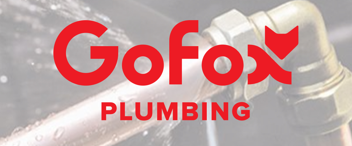Burst pipe emergency banner showing water spraying from a corroded copper pipe elbow joint, with the GoFox Plumbing logo overlaid in red on a grey background.