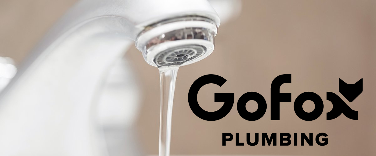 Water pressure problems illustrated by a slow-running tap on a white kitchen or bathroom fixture, with the GoFox Plumbing logo overlaid on a neutral background.