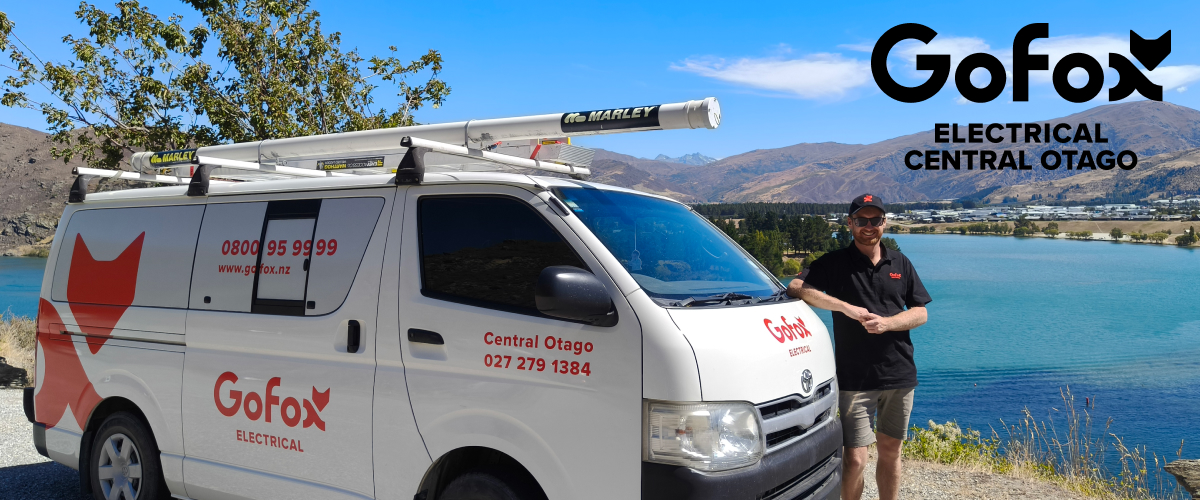 Heat Pump Installation Central Otago by GoFox Electrical technician beside branded service van overlooking Central Otago landscape and lake