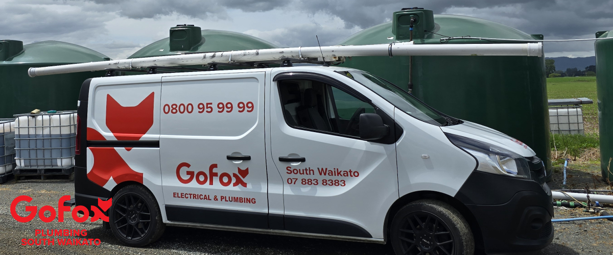 Local Plumber Near Me GoFox Plumbing South Waikato branded service van on-site at a rural water tank installation in South Waikato.