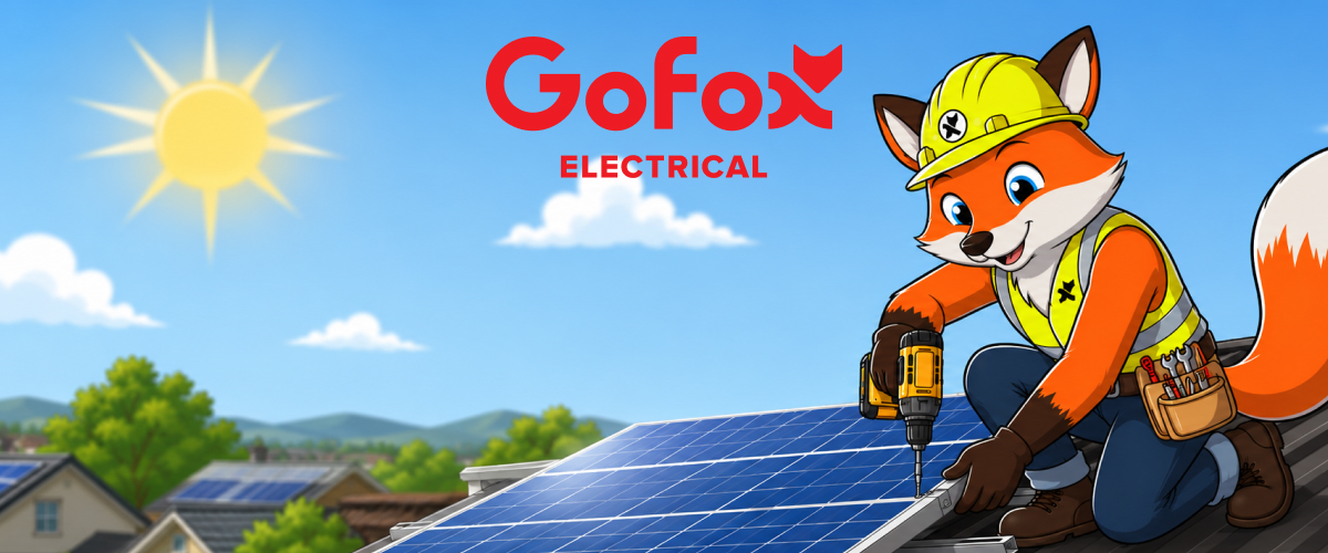 Solar installation process: the GoFox fox mascot installing solar panels on a home roof under a sunny sky, with the GoFox Electrical logo.