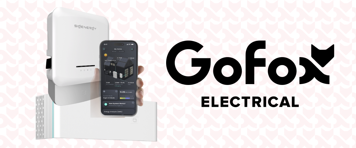 Grid tied vs hybrid solar: a home battery and inverter unit alongside a phone showing live solar and battery data, with the GoFox Electrical logo.
