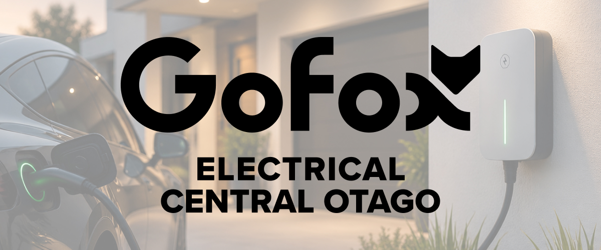 EV Charger Install: home EV charging unit mounted beside a garage door with a car charging, GoFox Electrical Central Otago branding.