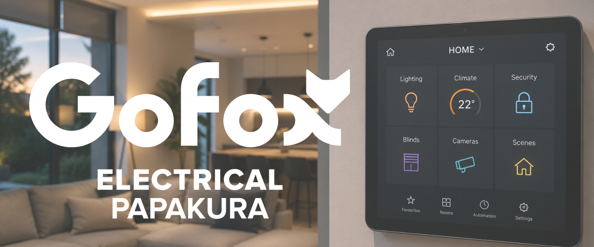 Home Automation control panel showing lighting, climate, security and scene settings on a wall-mounted tablet, GoFox Electrical Papakura branding.