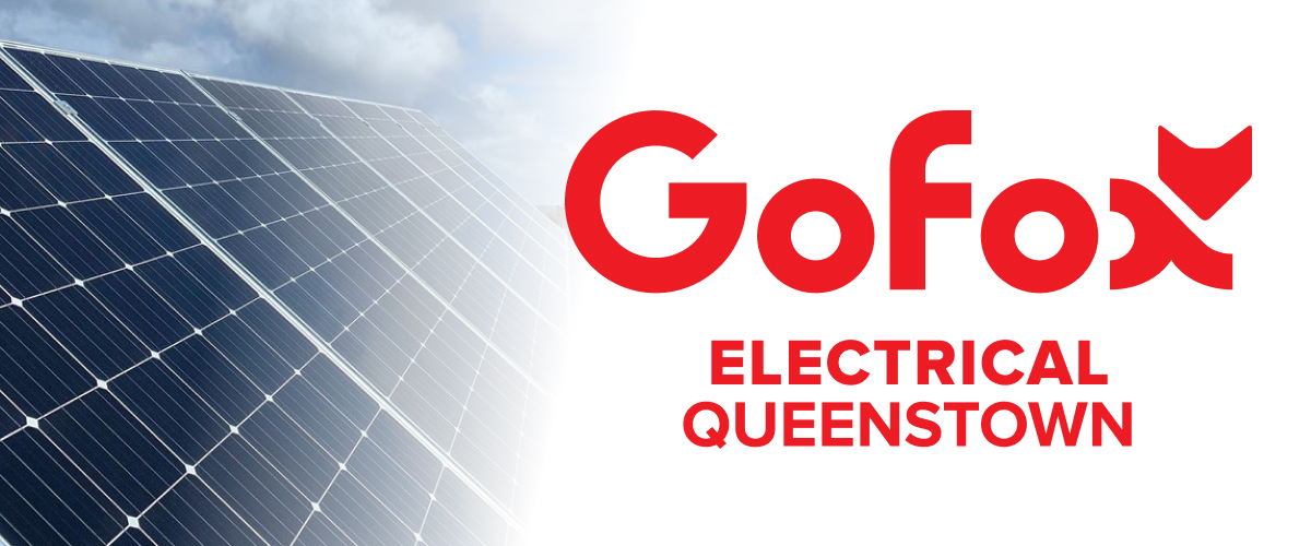 Solar Panel Installation: rows of solar panels on a rooftop under a bright sky, GoFox Electrical Queenstown branding.