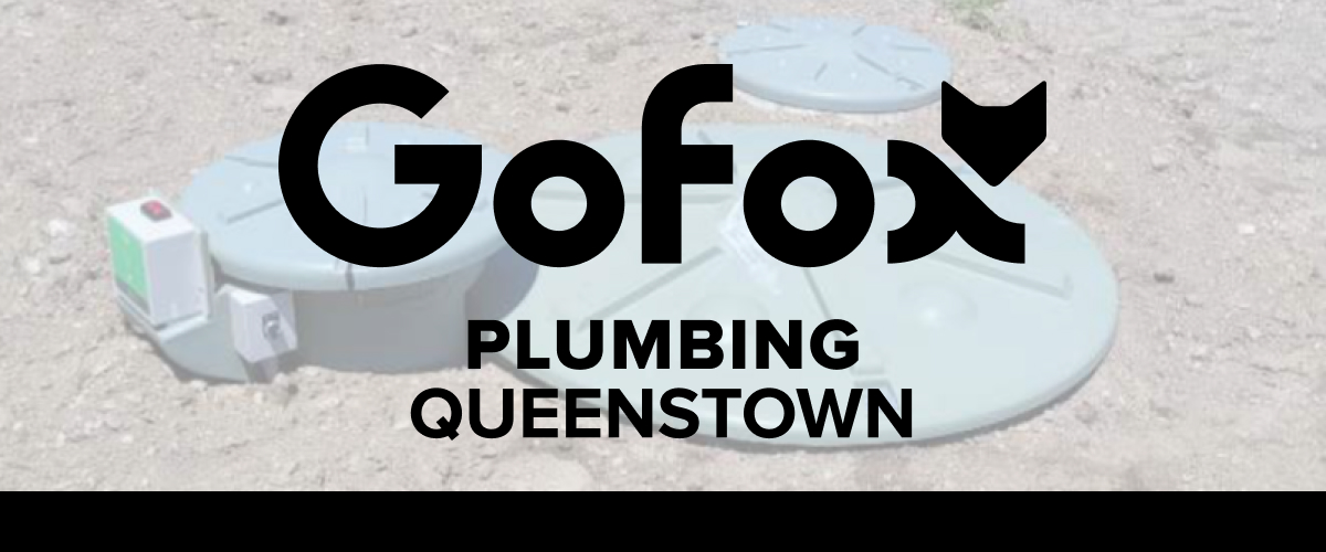Septic Tank: underground wastewater tank system being installed on a bare section, GoFox Plumbing Queenstown branding.