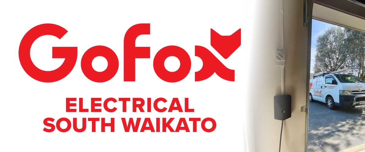 EV Charger Install: wall-mounted home EV charger unit, GoFox Electrical South Waikato service van parked in driveway.